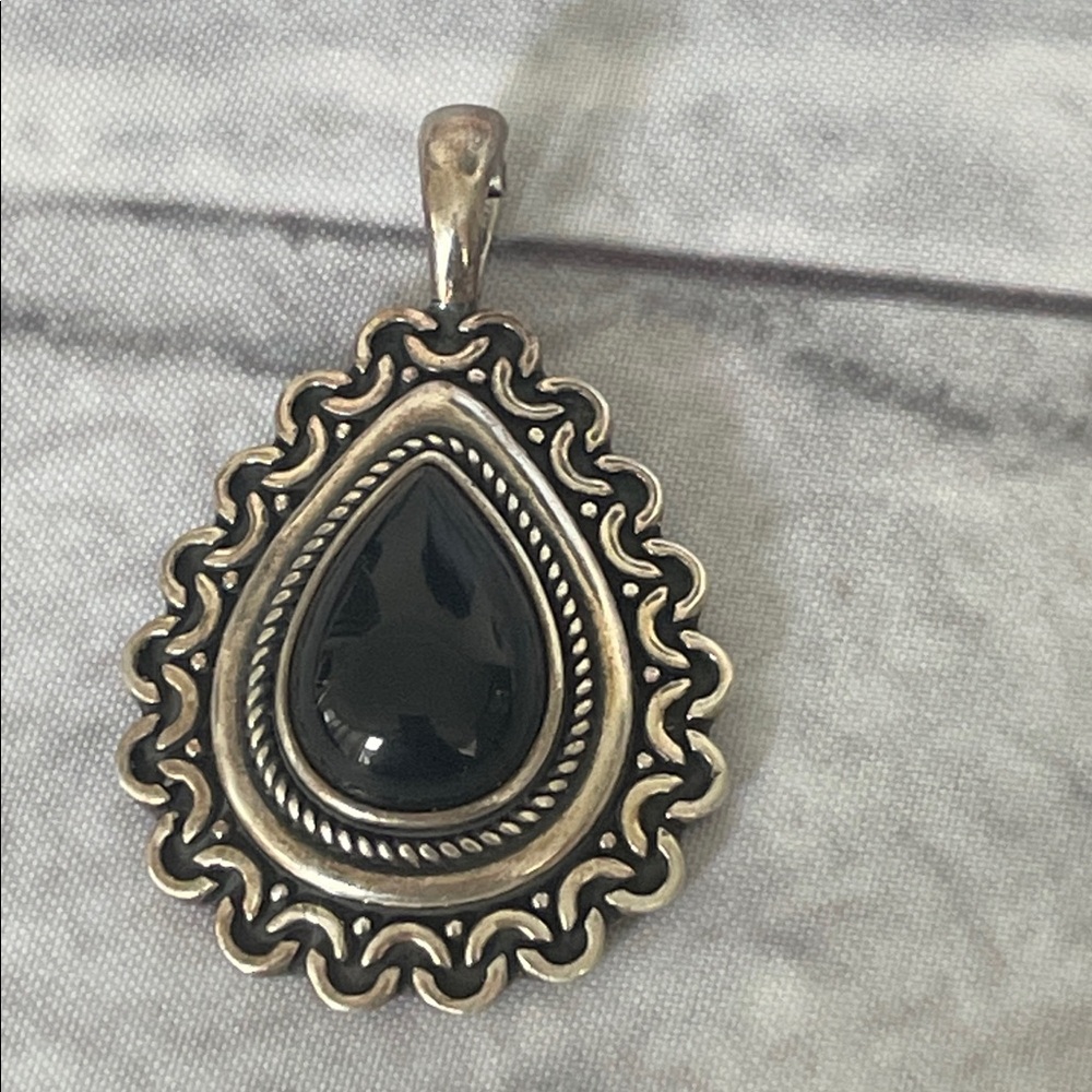 Vintage 925 Ornate Black and Silver Teardrop Necklace pendant signed AW